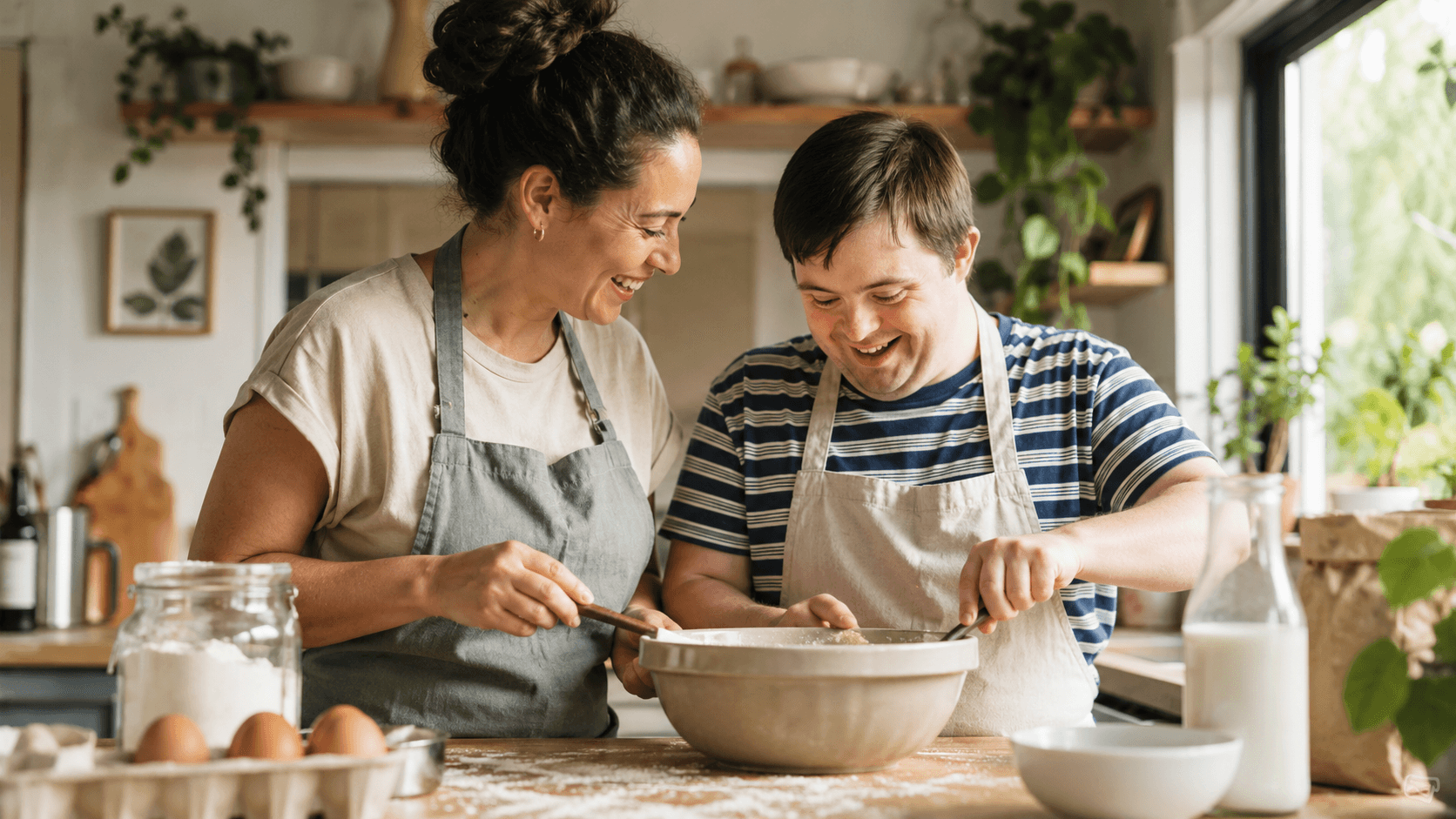 Two people laughing while baking together in a bright kitchen