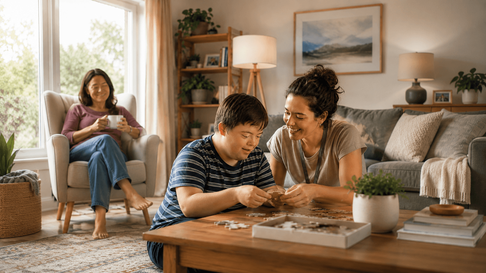 A NAMI caregiver supporting a young man with a puzzle in his living room while his mother takes a quiet coffee break in the background